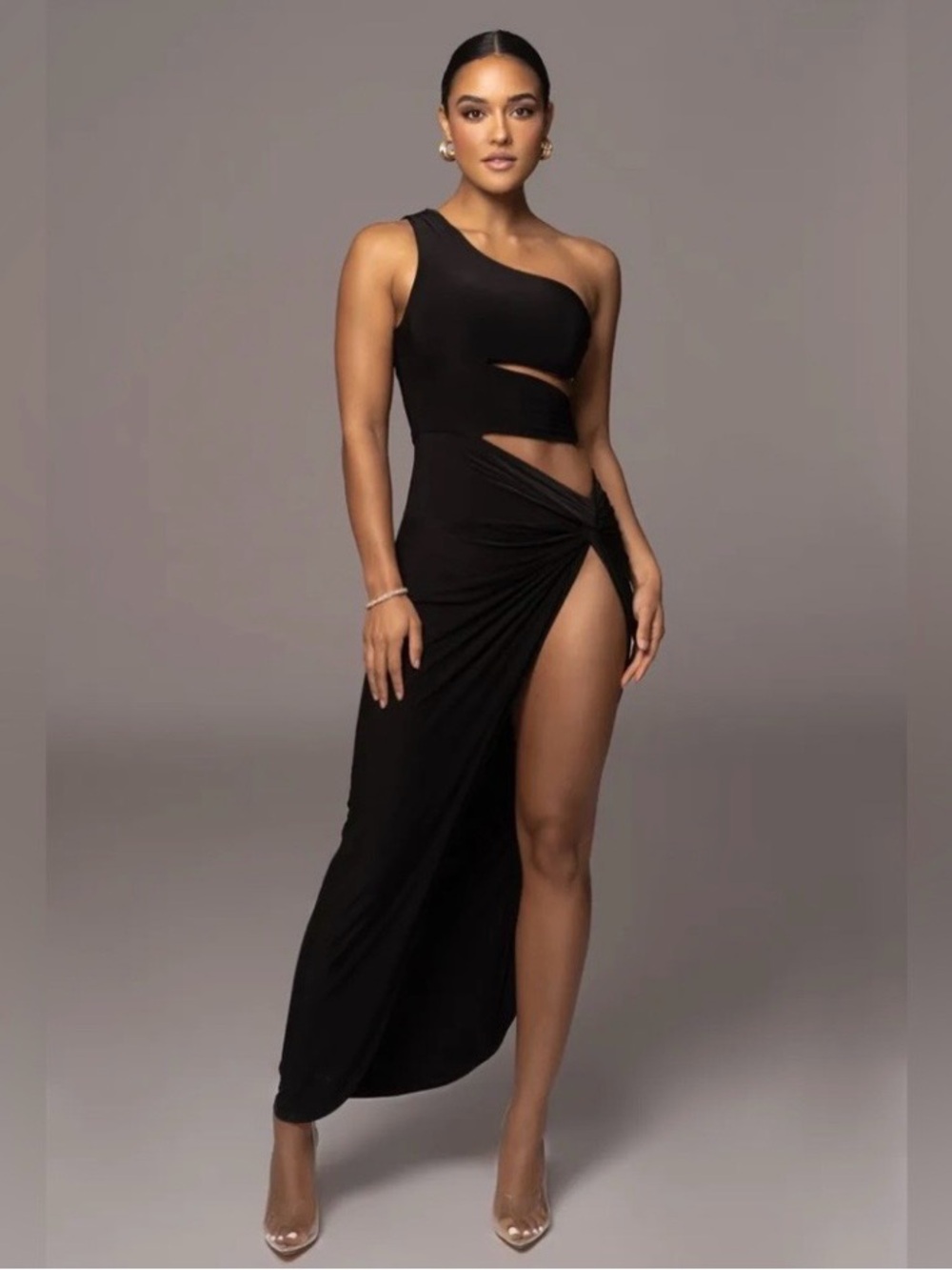 JLUXLABEL Black One-Shoulder hardware Cutout Twist Maxi Gown